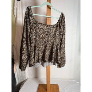 Shein Curve Leopard Print Square Neck Blouse 2XL Brown Animal Print Puff Sleeve